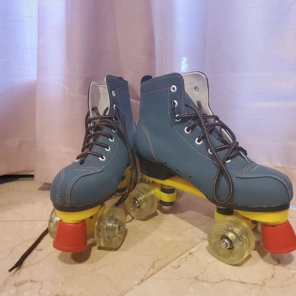 Blue Roller Skates with Yellow Wheels